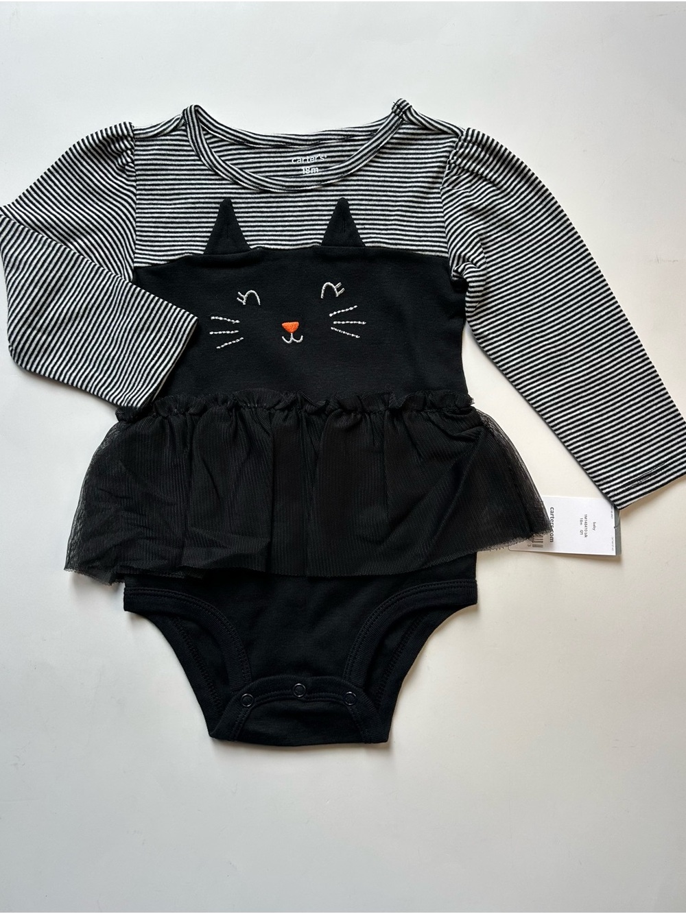 Carter's Black Cat Tulle Skirt One-Piece with Striped Sleeves - NWT